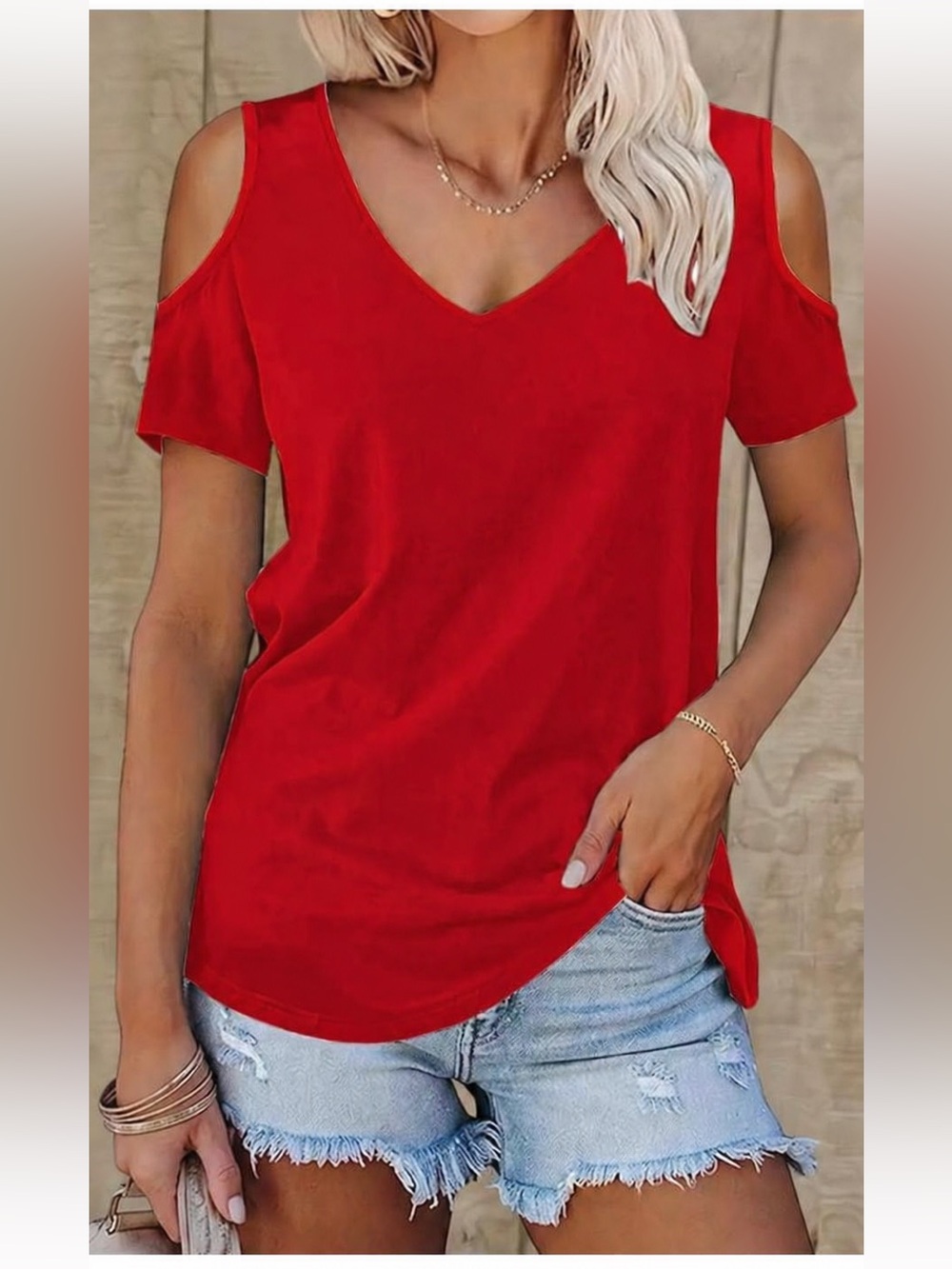 Flamingals Solid Curved Hem Cold Shoulder V Neck T-Shirt Size Large NWT